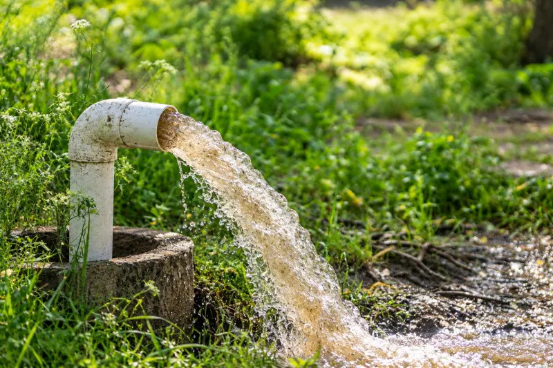 Agua con arena saliendo del caño de un pozo durante la limpieza