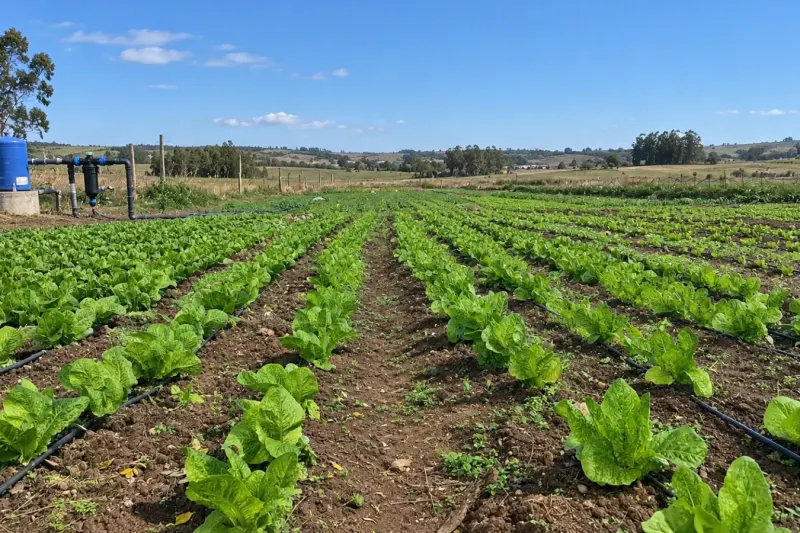 Huerta de lechugas con riego por goteo en el sur de San José